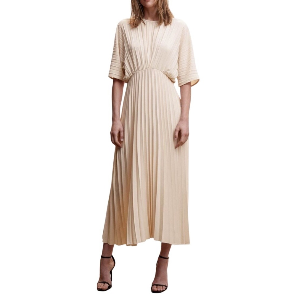 Mango Pleated Midi Dress Ivory Cream Batwing Short Sleeve Empire Waist Large